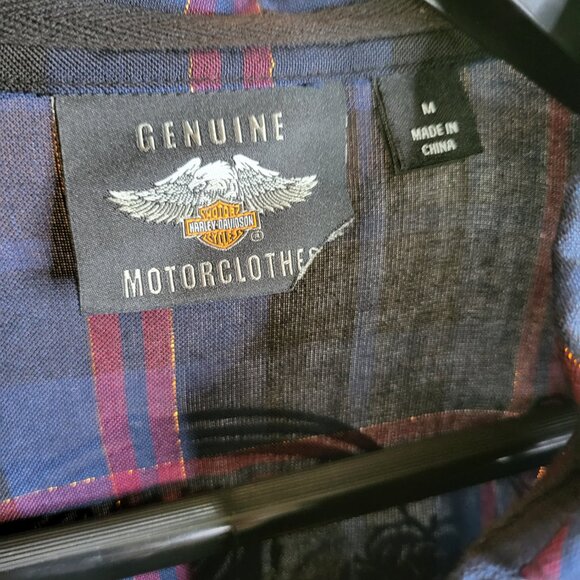 Harley Davidson Plaid Metallic Button Up Shirt Womens Medium Roses Navy Blue - Picture 4 of 10